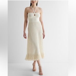 Express Ribbed Halter Neck Fringe Midi Sweater Dress